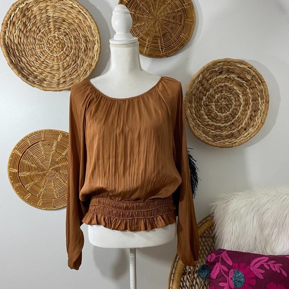 Vici Tops - VICI Mustard Seed Neutral Brown Satin Oversized Long Sleeve Blouse Small